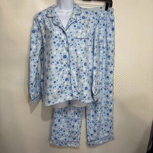 Intimate Essentials L Blue White Polka Dot Brushed Cotton Pajamas Top Pants Set